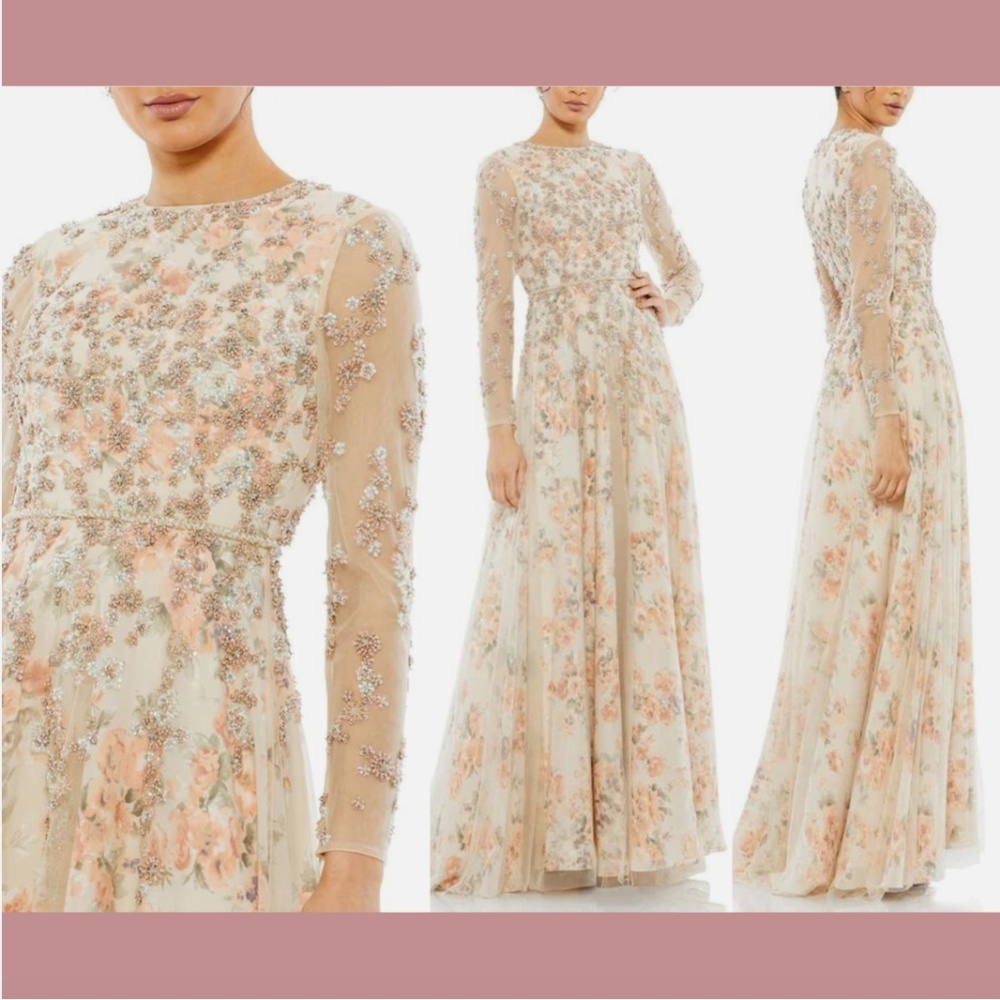 NWT $798 Mac Duggal [ 12 ] Natural‎ Floral Beaded Long Sleeve Mesh Gown #Q576